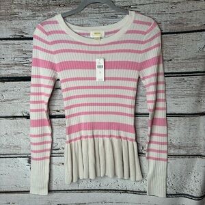 🏷️NWT Anthropologie Maeve XS Slim Peplum Hem‎ Sweater Pink White Striped $118